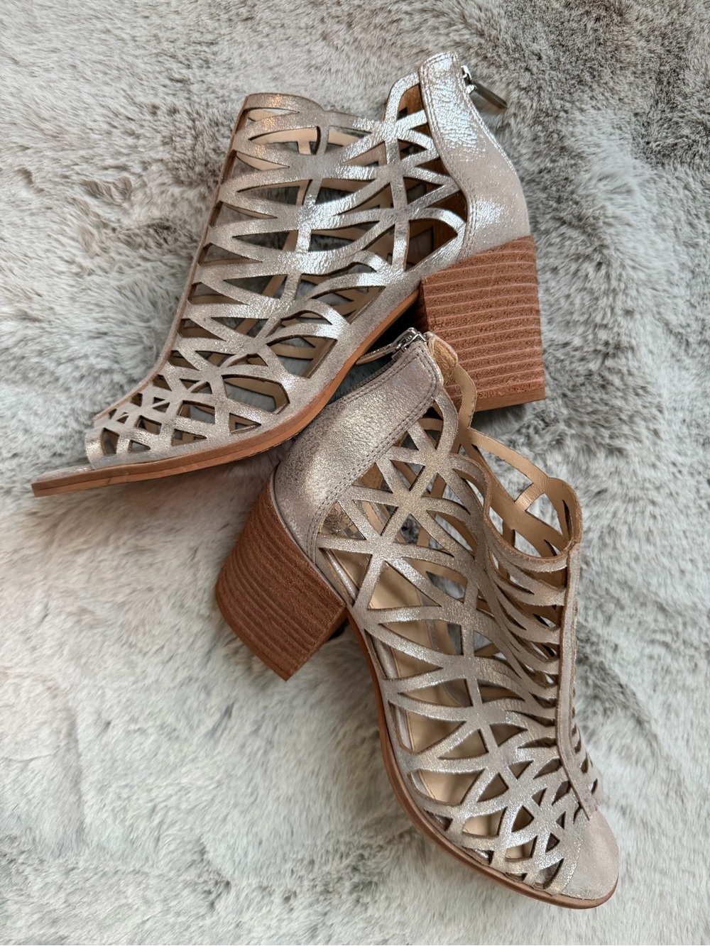Vince Camuto Metallic Cutout Block Heel Sandals - Silver